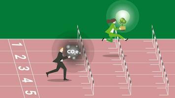 An advantage businesswoman holds a tree light bulb and a follower holds CO2e gas, run on racetrack. vector