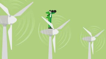 Green energy concept. Vision businessman uses binoculars on wind turbine generator power. vector