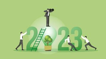 visión empresario y equipo en el año 2023 y árbol ligero bulbo. vector