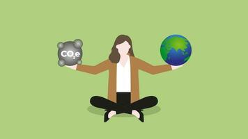 A woman balances CO2e pollution and the earth in hand. vector