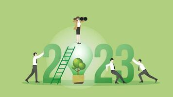 Vision businesswoman and team on the year 2023 and tree light bulb. vector