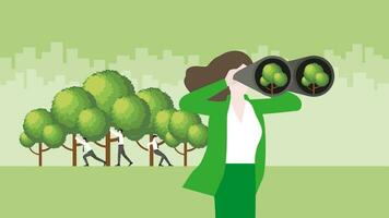 A businesswoman uses binoculars to find a tree with teamwork support. vector