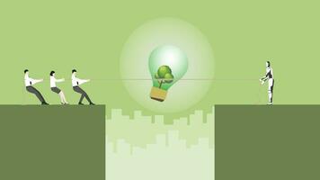 Office workers pull rope for a tree big lightbulb. AI ESG idea complete. vector