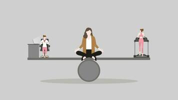 A meditation woman sits and thinks at center of seesaw beam between working at an office desk and running on a treadmill vector