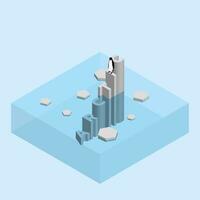 Penguin on text wording iceberg. Global warming and ice melting concept of sea level rise, world flood, climate change, greenhouse effect and floating glacier in Arctic vector