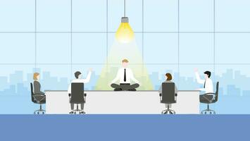 A businessman meditates with a light bulb in a meeting vector