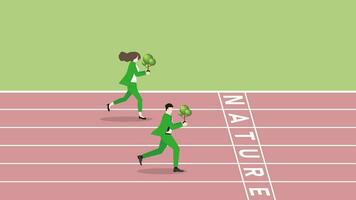 Executive businessman and businesswoman run on a race track with a tree to win at the NATURE finish line. vector