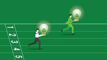 businessman holds a tree light bulb, runs and jumps over obstacles on a racetrack. vector