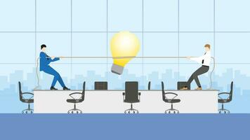 Boss vs employee. Businessmen pull a rope for a big light bulb in a meeting vector