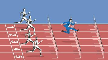 The fastest businessman leader jumping overcomes obstacles by running faster and better start. Competitors are robots, cyborgs and automation. vector