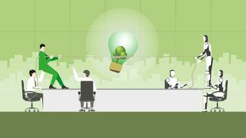 A businessman pulls rope for a tree big lightbulb. AI ESG idea complete in an office meeting. vector