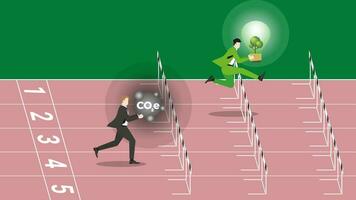 An advantage businessman holds a tree light bulb and a follower holds CO2e gas, run on racetrack. vector