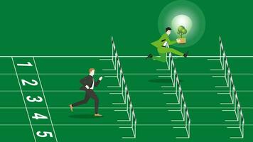 A lead businessman holds a tree light bulb, runs and jumps over obstacles on a racetrack. vector