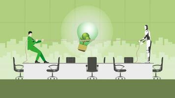 A businessman pulls rope for a tree big lightbulb. AI ESG idea complete in an office meeting. vector