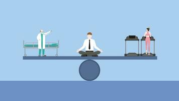 editation businessman sits and thinks at the center of a seesaw between a doctor with a hospital bed and exercise running on treadmill. vector