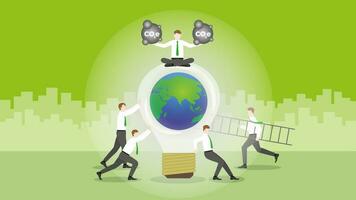 A businessman holds CO2e gas on a world light bulb and trees with team. vector