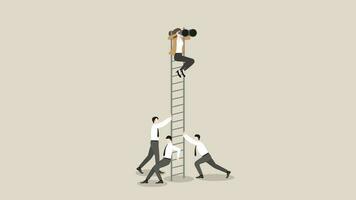 A visionary businesswoman uses binoculars on a  ladder with a supporting team vector