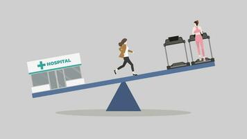 Work and life balance, priority life and health care concept. A woman runs on a seesaw between a hospital and cardio running on a treadmill at a fitness center. vector