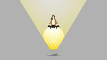 A businesswoman sits on a big light bulb vector