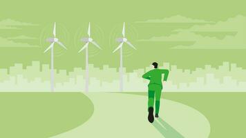 A back view of a businessman runs aim to a target goal. wind turbine generator power windmill. vector