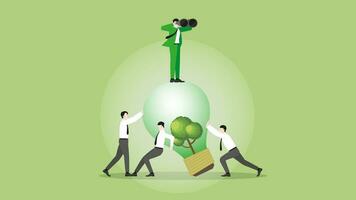 A visionary businessman uses binoculars on a tree lightbulb with team support. vector