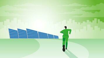 Back view of businessman runs aim to target goal. solar cells in a city. vector