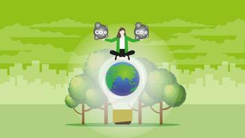 A businesswoman holds CO2e gas on the world light bulb and trees. vector