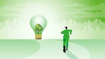 A back view of businessman runs aim to target goal. tree light bulb in a city. vector