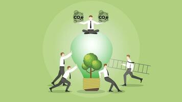 A businessman sits and holds CO2e gas on a tree lightbulb with team support. vector