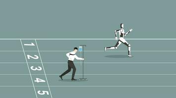 AI vs human battle concept. Businessman and robot run on racetrack vector