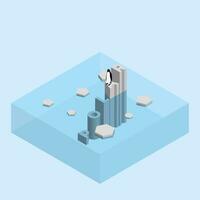 Penguin on text wording iceberg. Global warming and ice melting concept of sea level rise, world flood, climate change, greenhouse effect and floating glacier in Arctic vector