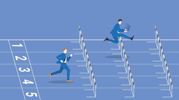 A leader businessman works by laptop and follow up rival run and jump on a race track vector