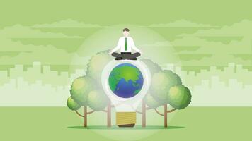 A calm businessman sits on the world light bulb and trees. vector