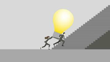 A businessman and businesswoman push the big light bulb, Step up a stair vector