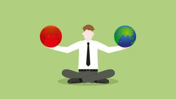 Businessman balance red pollution and the earth in hand. vector