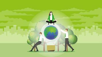 Calm businesswoman sits on world light bulb and trees with team support. vector