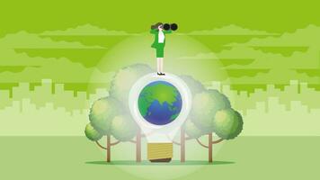 Vision businesswoman uses binoculars on the world light bulb. vector