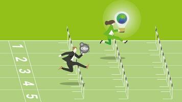 Businesswoman holds the world light bulb, runs and jumps over obstacles on a racetrack. vector