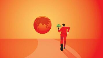 A back view of a man brings a tree to the red earth. vector