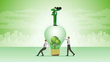 A visionary businessman uses binoculars on a tree lightbulb with team support. vector