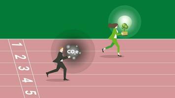 An advantage businesswoman holds a tree light bulb and a follower holds CO2e gas, run on racetrack. vector