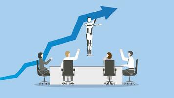 A Robot hangs a rise blue arrow at a teamwork meeting. vector