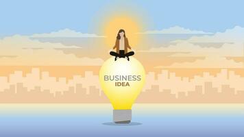 A calm businesswoman sits and meditates on a large light bulb. vector