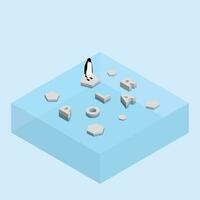 Penguin on floating ice sheet and a text word POLAR. Global warming and ice melting vector