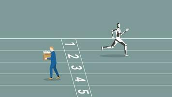 A robot start runs on race track, fired businessman. Business competition vector