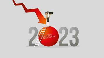 global recesión concepto en el año 2023. un visión mujer de negocios usos prismáticos. vector