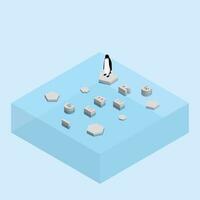 Penguin on floating ice sheet and a text word ICEBERG. Global warming and ice melting concept of sea level rise vector