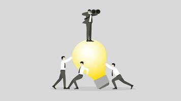 A visionary businessman uses binoculars on a big light bulb, teamwork support. vector