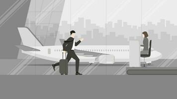 Business trip, a businessman runs to ground service officer counter check-in at an international airport terminal. vector