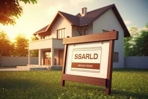 House For Sale Real Estate Concept. 3D Rendering. Vintage Style, For Sale Real Estate Sign in Front of New House. Real Estate Business Concept, AI Generated photo